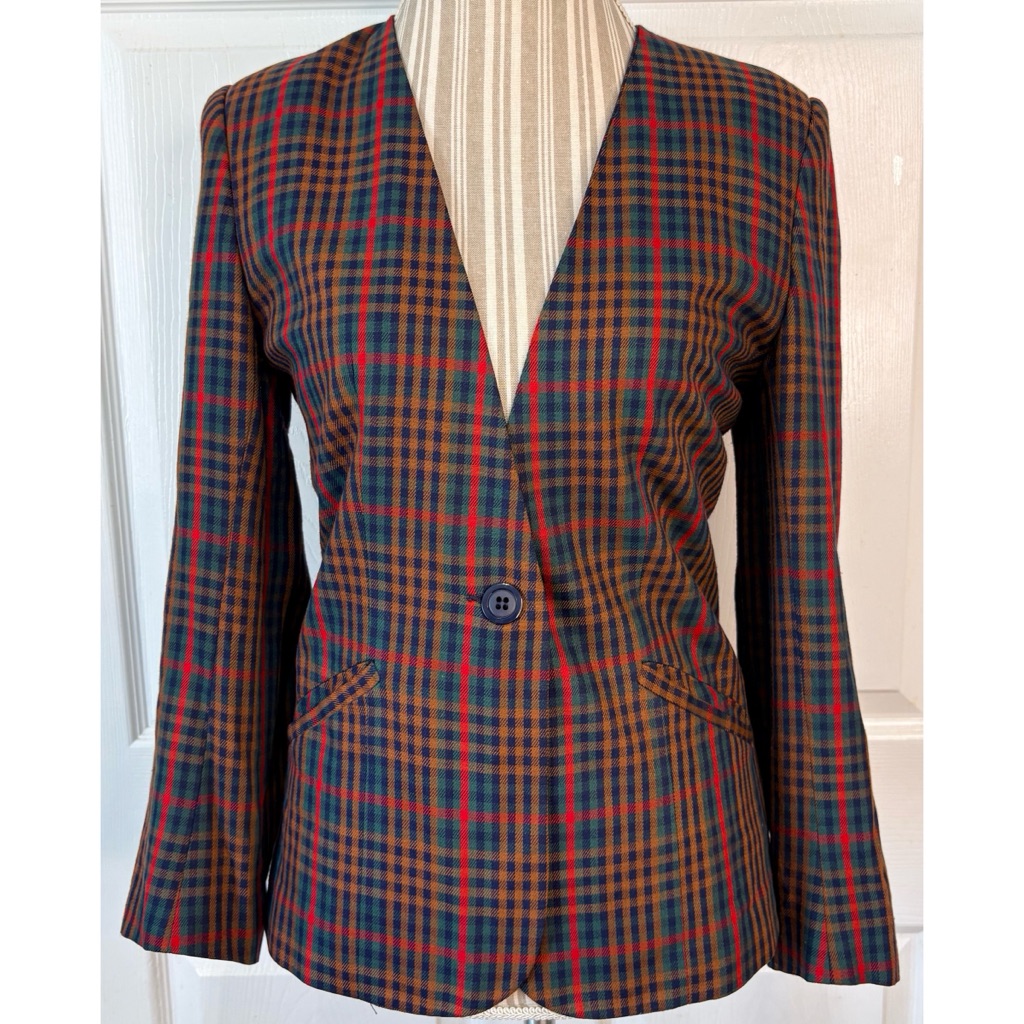 Vintage 80s 90s Personal Petites Plaid Tartan Rayon Blazer Sz 6p